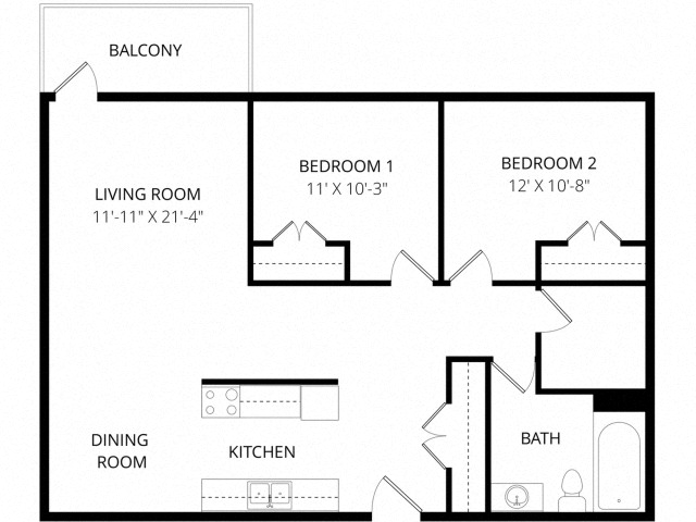 Floor plan for 2 beds, 1 bath, 844 sqft